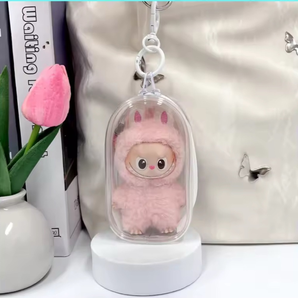 Clear Mini Pouch for Labubu doll w/Pom Poms (Keychain)